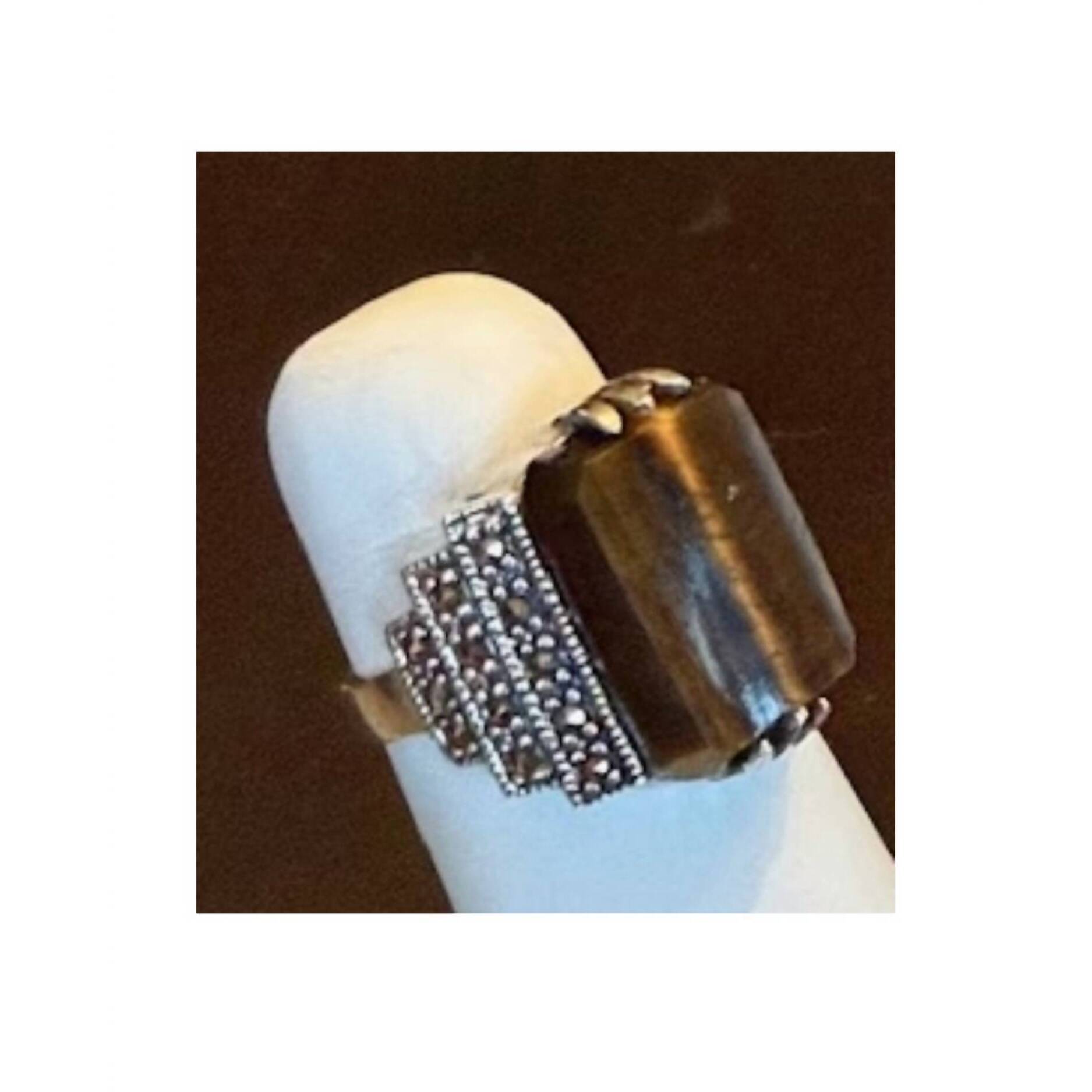 New P & K Jewelry Women's Sterling Marcasite Natural Stone Ring In Brown/ Silver
